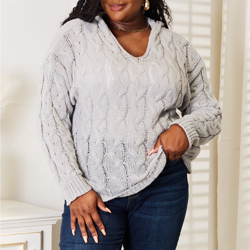 NEW Woven Right Gray Chunky Knit Preppy Cable Knit Hooded Sweater Top
